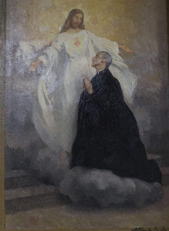 Alberto Zardo, (1876-1959), oil on canvas, Saintly priest kneeling before Christ, studio stamp verso, 21 x 15cm, unframed